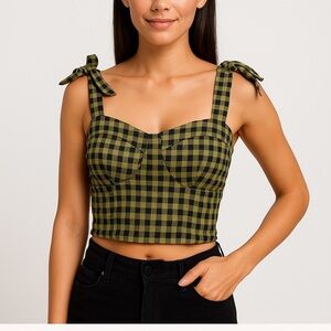 Rabbit Rose Green & Black Gingham Tie-Strap Corset Style Top – Size M